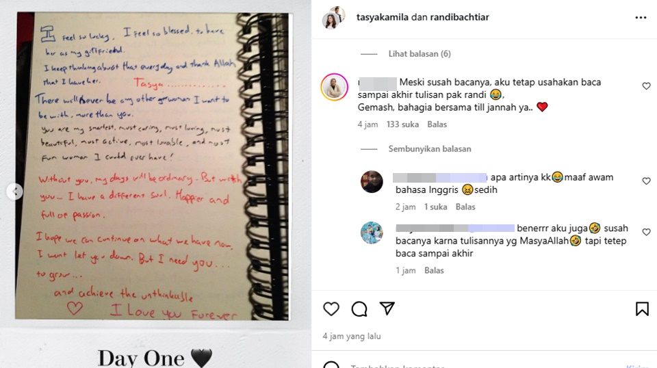 Surat Cinta Tulis Tangan Randi Bachtiar untuk Tasya Kamila Curi Perhatian [Instagram]